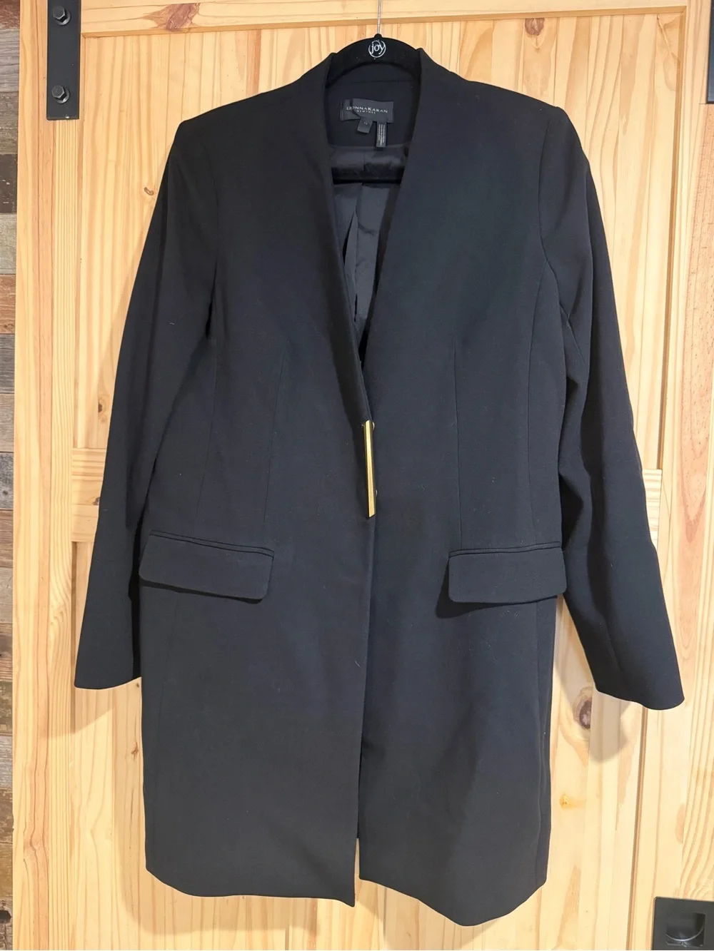 Donna Karan Black Collarless Longline Blazer with Gold Accent Size12